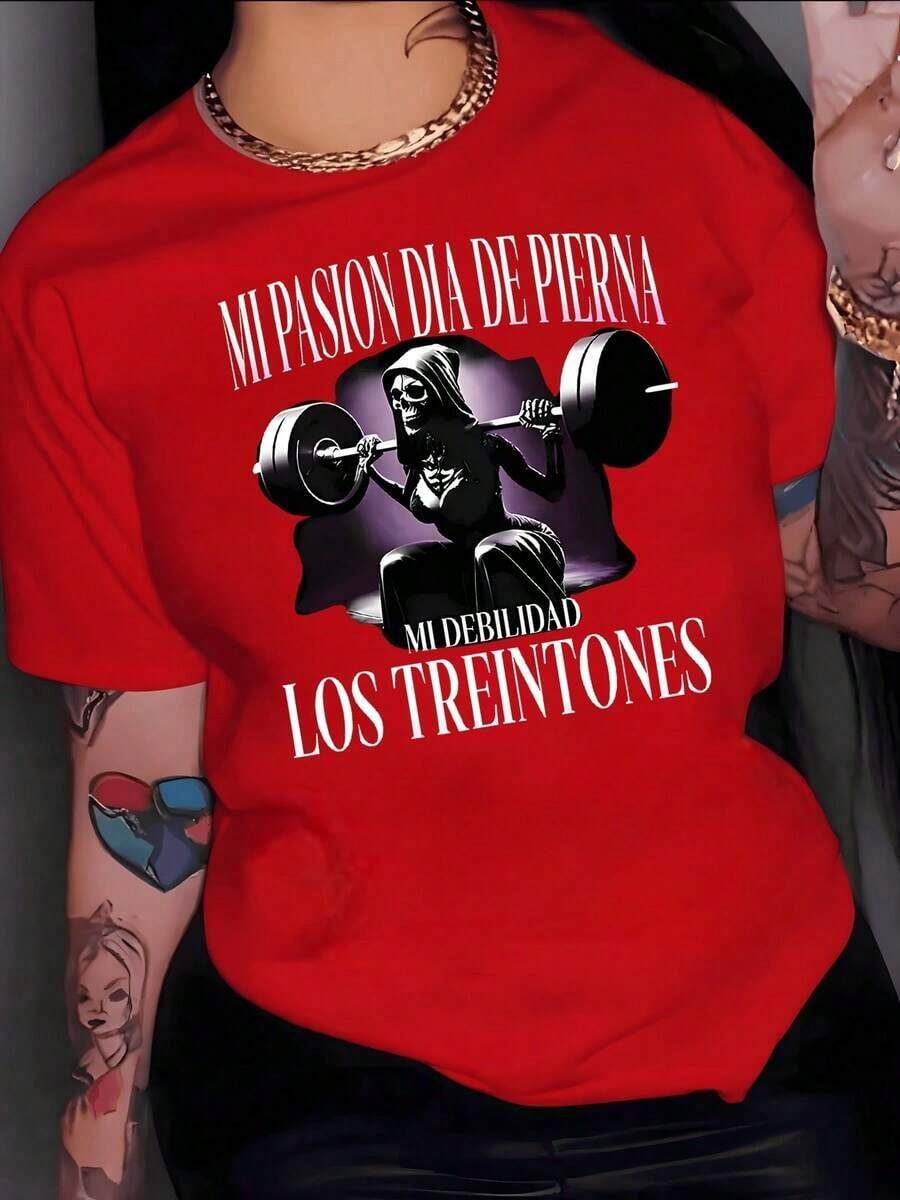 Mexican Basic Figura de calavera femenina levantando pesas que simboliza fuerza y pasión por el entrenamiento de piernas camiseta de mujer 100% algodón cómoda y moderna para deportistas New Launch - Rojo - Ver 1