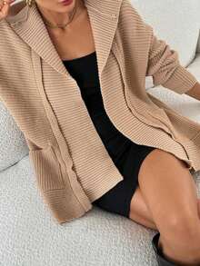 Suéter con capucha mullido de mujer, cardigan largo de esenciales de otoño/invierno, suéter con capucha de manga larga color caqui, cardigan con capucha para mujer, informal para uso diario - Caqui - Ver 6