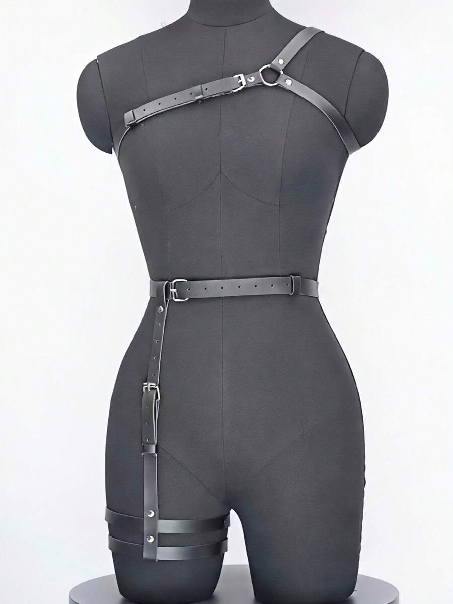 2pcs Gothic Style Black PU Leather Full Body Harness, Adjustable Metal Rings, Suitable For Bodysuit, Nightclub Party, Rave Outfit - Black - View 1