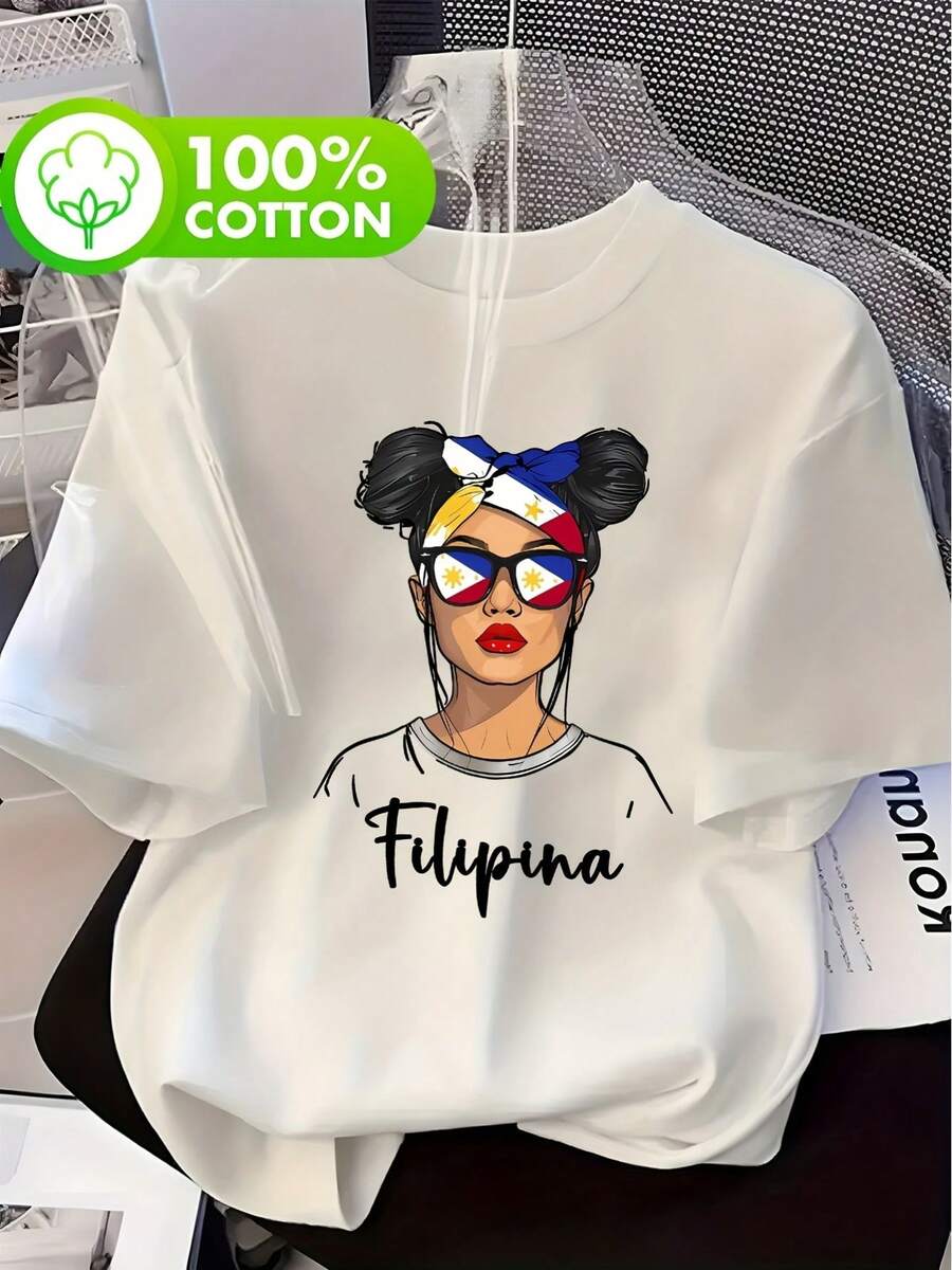 Women's 100% Philippine Flag T-Shirt - Casual Short-Sleeved Crew Neck T-Shirt With A Sunburst Design, Suitable For Showing Filipino Pride, Ideal For Spring And Summer Wear, Machine Washable, Filipino Style T-Shirts For Women. - 白色 - 查看 1
