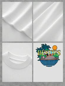 Radiant Sun And Palm Trees Symbolizing Friendship And Rest Under The Tropical Sky, Evoking Joy And Unity On Bright Days. Women's T-Shirt With A Comfortable Fit, Colorful Graphic, And Soft, Casual, And Modern Fabric. - 白色 - 查看 4