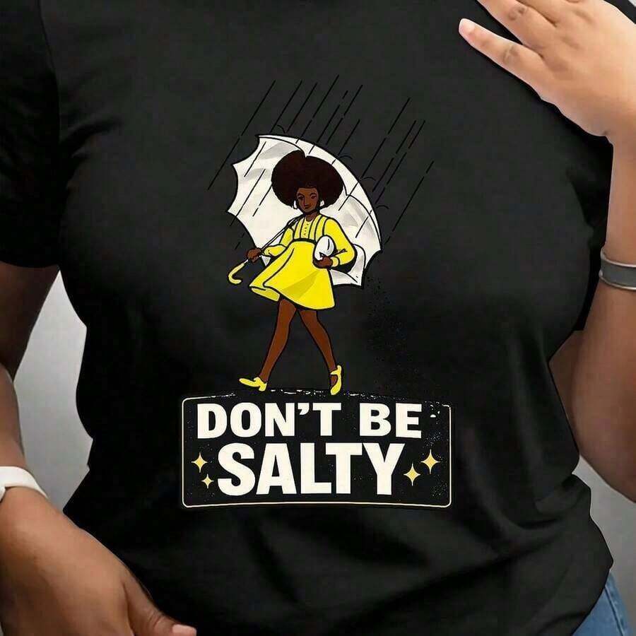 Short-Sleeved T-Shirt With Round Neck And Pattern And Slogan Print, Casual Spring And Summer Top, Women's Clothing For Mother's Day, Clean Design, Fade-Resistant, For Adults, Moisture-Wicking, For Outdoor Activities. - Black - View 1