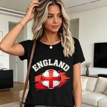 Women's Short Sleeve T-Shirt With England Flag Print, 180g, Casual, Ideal For Football Fans, Team Spirit, Summer Wear, Fan Gift U56M - 黑色 - 查看 6
