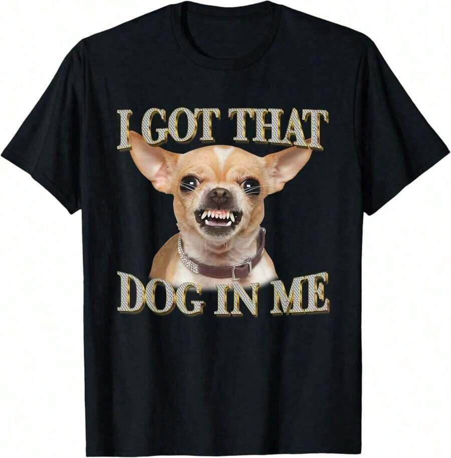 Funny Chihuahua Meme T-Shirt For Men - "I Got That Dawg In Me" Graphic, Soft 100% Cotton Black T-Shirt, Regular Fit Short Sleeve Casual Wear, Dog T-Shirt, Travel Friendly Outfit, Comfortable Crew Neck, Short Sleeves Suitable For All Ages - 酒紅色 - 查看 1