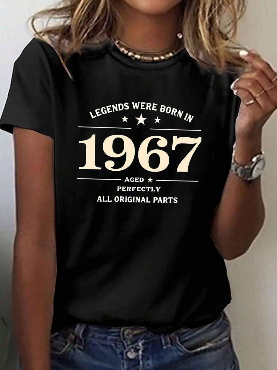 Women's Vintage Graphic T-Shirt 1967 - "Legends Were Born In 1967" Short Sleeve Crew Neck, Geometric Star Print, Machine Washable Stretch Fabric, Comfortable And Casual Fit, Retro Fashion, Spring Clothing, Ideal For All Seasons - 黑色 - 查看 1