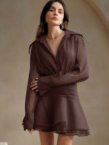 Vestido de camisa holgado con dobladillo de volantes, cintura ceñida y vestido esponjoso de organza, estilo europeo y americano, para mujer - Marrón - Ver 5