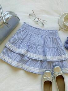 Falda pantalón para mujeres para conciertos campestres, blanca, de tejido, con cintura elástica y volantes en el bajo con silueta evasé - Celeste 2 - Ver 2
