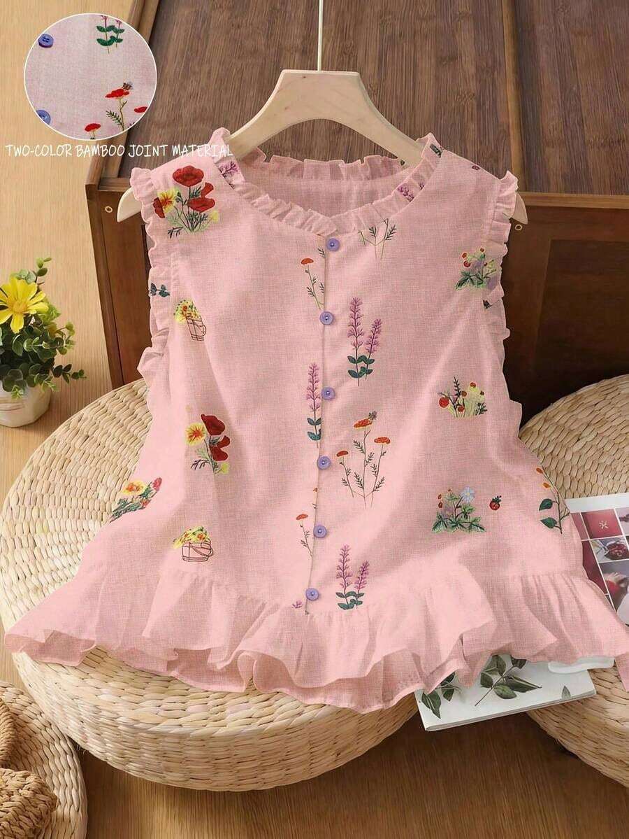 Nueva llegada de primavera/verano Blusa sin mangas con volantes de estampado floral francés dulce y único, elegante top de tirantes - Rosa - Ver 1
