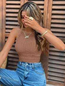 Camiseta de tirantes de mujer con cuello halter, hombros descubiertos y entredós de encaje - Café integral - Ver 6
