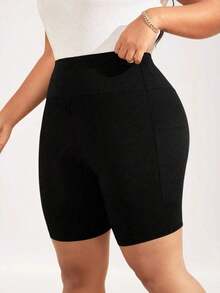 Pantalones cortos tipo ciclista de talle alto básicos y casuales de color negro para uso diario en tallas grandes - Negro - Ver 2