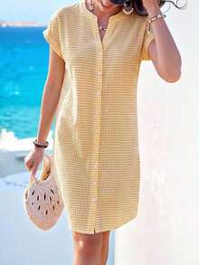 Vestido camisero de verano para mujer, de manga corta, cuello en V y rayas, hasta la rodilla, vestidos de verano para mujer, vacaciones - Amarillo - Ver 5