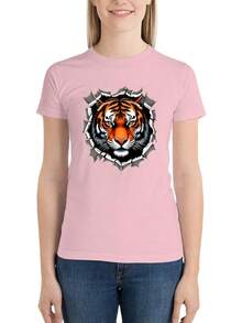 Women's Cotton Graphic T-Shirt, Casual T-Shirt With Ripped Tiger Face - 粉紅色系 - 查看 2