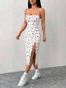 Vestido de mujer de talla grande con ajuste delgado, abertura lateral, tirantes tipo espagueti y estampado floral pequeño - Blanco - Ver 3