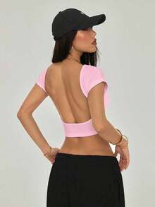 Camiseta negra con espalda abierta, adecuada para talla pequeña, para verano - Rosa Pálido - Ver 8
