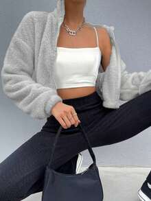 Drop Shoulder Zip Up Teddy Jacket Fall Winter Cloth For Women - Gris - Ver 5