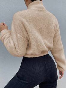 Drop Shoulder Zip Up Teddy Jacket Fall Winter Cloth For Women - Caqui - Ver 2