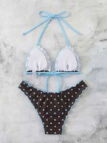 Conjunto de bikini de dos piezas con estampado de lunares, camiseta con lazo sexy y traje de baño para vacaciones en la playa para mujer - Multicolor 2 - Ver 2