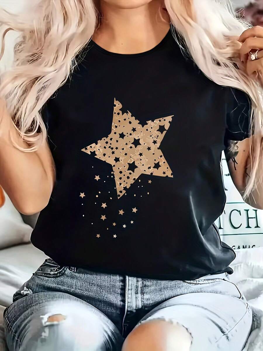 Plus Size Women's Casual Athletic T-Shirt, Y2K Style Star Print, Comfortable Fit Short Sleeve T-Shirt, Fashionable Breathable Casual Top - 黑色 - 查看 1