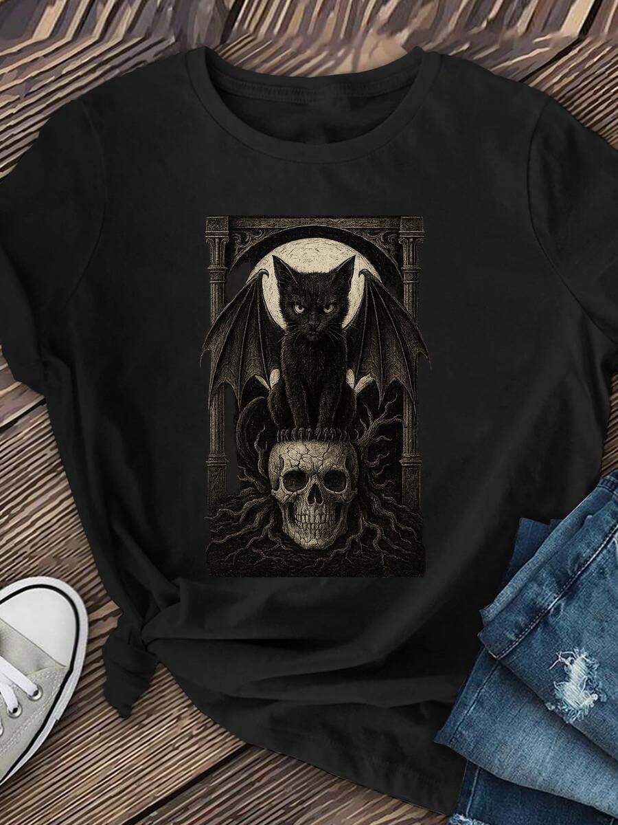 Women's Gothic T-Shirt With Black Bat Wings - Dark Brown T-Shirt For Halloween, Vampires And Gothic Styles - Elastic Crew Neck (Machine Washable) - Casual Spring/Autumn Wear, Gothic Accessories, Skull Print, Durable Fabric - 黑暗的 - 查看 1