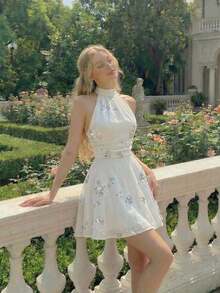 MOD Vestido mini con estampado de lunares, espalda descubierta, retorcido y fruncido, con cuello halter para mujer. Vestido elegante para fiestas, bodas, vacaciones, estilo vintage años 50, rockabilly, con estampado de lunares, para picnic, estilo cottage core, en blanco con lunares, vestido de graduación y playa - Albaricoque - Ver 3