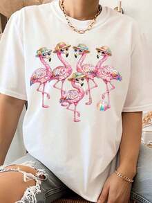 1 Piece Of Women's T-Shirt With Flamingo Design With Hat And Beach Ball, Summery And Charming Style, Perfect For Vacation And Party Season, Ideal Gift For Friends And Family, 180g, 100% Cotton. - 白色 - 查看 1