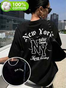 Women's Oversized T-Shirt With New York Lettering - Breathable Stretch Fabric, Black With White NY Print And I NY Logo Design, Summer Casual Wear, Machine Washable, Urban Style, Suitable For New York Pride And Everyday Wear, Crew Neck And Loose Fit With Crown And Letter Print, Spring/Summer Set, Ideal For Outdoor Layering, Spring Wardrobe Essential, Lightweight And Comfortable Top, Printed Pattern, Fashion Enthusiast's Choice - 黑色 - 查看 1