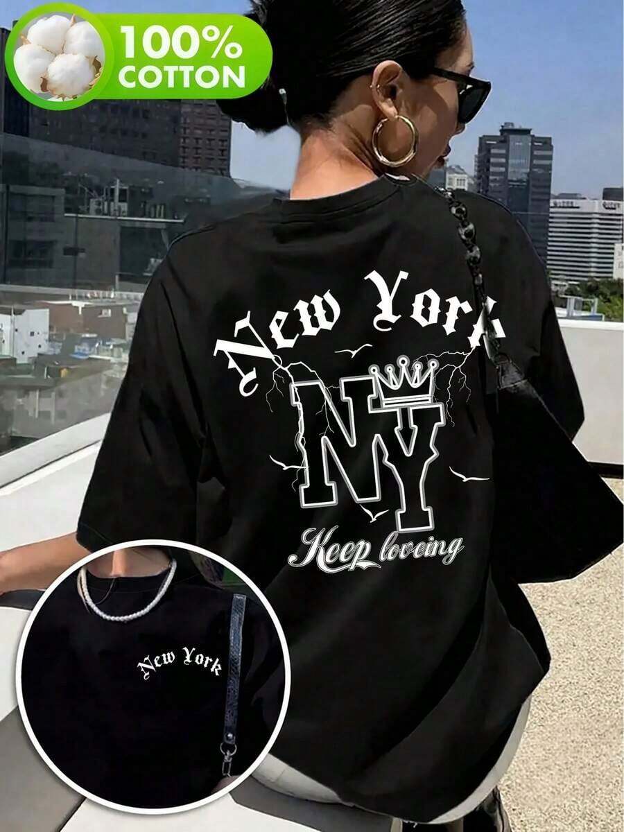 Women's Oversized T-Shirt With New York Lettering - Breathable Stretch Fabric, Black With White NY Print And I NY Logo Design, Summer Casual Wear, Machine Washable, Urban Style, Suitable For New York Pride And Everyday Wear, Crew Neck And Loose Fit With Crown And Letter Print, Spring/Summer Set, Ideal For Outdoor Layering, Spring Wardrobe Essential, Lightweight And Comfortable Top, Printed Pattern, Fashion Enthusiast's Choice - 黑色 - 查看 1