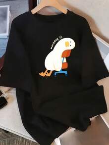 Plus Size - Women's Casual Crew Neck T-Shirt With Cartoon Duck Print, "Work Day" Text, And Colorful Stripes - Soft Polyester Fabric, Short Sleeve, All-Season Comfort, Casual Wear | Playful Print | Stretchy Material - 黑色 - 查看 2