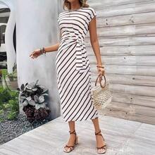 Women's Elegant Dress With Waist Tie, Striped Round Neck, Short Sleeves, Long Style, Summer High-End Women's Dressvestidos Elegantes De Mujer Summer Dresses For Women Birthday Outfits For Women - 桔紅色 - 查看 5