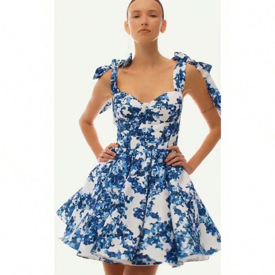 Vestido de Noche Corto Organza, Moda Hombros Descubiertos, Estilo Elegante Fairy - Azul - Ver 1