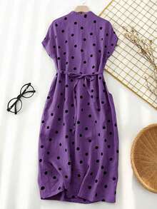 Vestido casual elegante y vintage con estampado de lunares, con bolsillos y lazo en la espalda, silueta minimalista pero refinada de corte evasé con cintura anudada, vestido versátil para oficina/ocasión, conjunto bohemio de lunares para vacaciones, primavera/verano rojo - Morado - Ver 2
