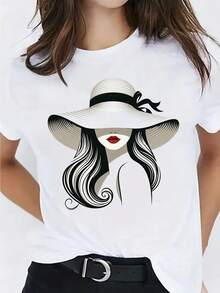 1pieza Camiseta de mujer de algodón 100% con estiloso estampado de retrato - Transpirable y absorbente de sudor Entalle suelto Cuello redondo Manga corta Casual para deportes al aire libre, comodidad para todas las estaciones, lavable en máquina Regalo de vacaciones, camiseta deportiva manga corta cómoda - Blanco - Ver 6