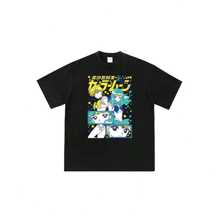Camiseta unisex de manga corta con estampado gráfico de dibujos animados de Sailors Moons, Urano y Neptuno (estilo anime). - Negro - Ver 1