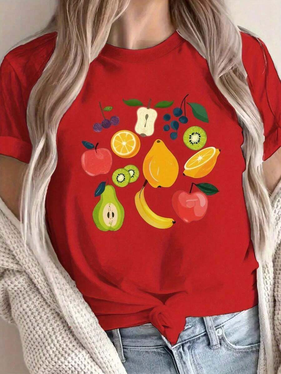 Camiseta Casual con Estampado de Frutas y Cuello Redondo, Camiseta Casual de Manga Corta para Primavera y Verano, Ropa de Mujer a la Moda - Rojo - Ver 1