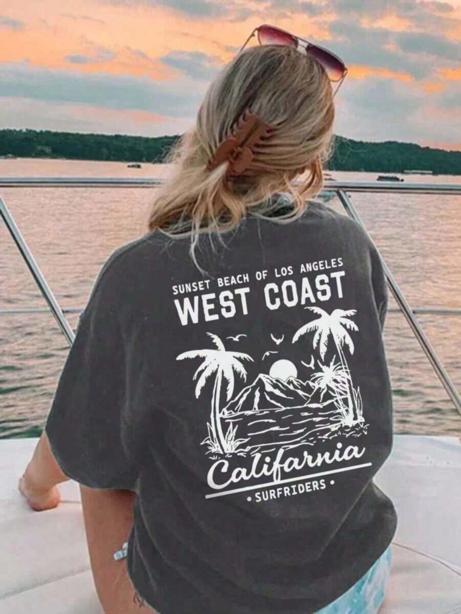 Women's Short-Sleeved T-Shirt With A Round Neck, Casual Summer Style, Palm Tree Print And Slogan, Simple And Versatile, Suitable For Everyday Wear. Printed T-Shirt, Women's Tops, Vacation - 深灰色 - 查看 1