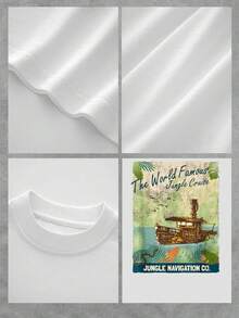 El estampado muestra un barco aventurero navegando entre hojas tropicales y aves que simbolizan libertad y exploración en selvas misteriosas, transmitiendo energía positiva y espíritu viajero camiseta de mujer  cómoda y casual para uso diario - Blanco - Ver 4