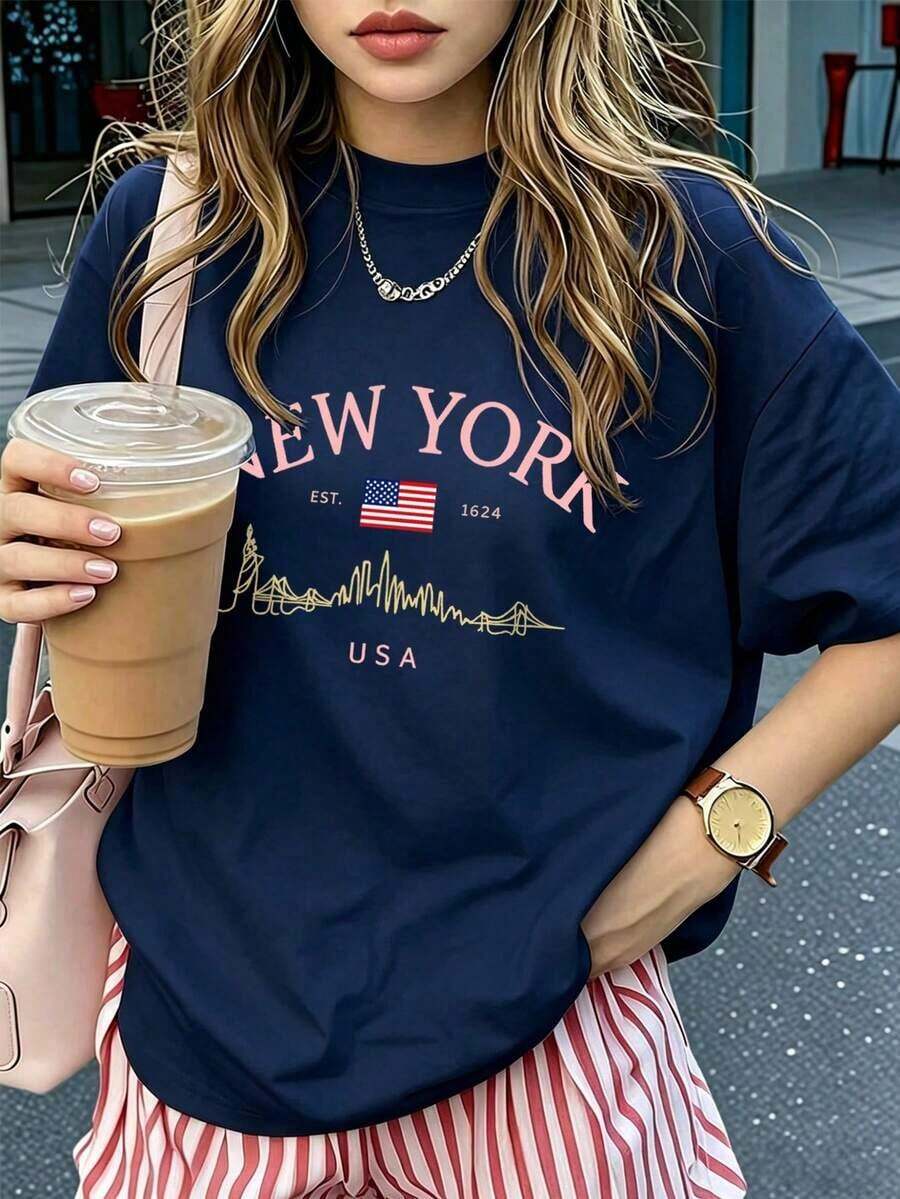 Women's Short-Sleeved T-Shirt With A Round Neck And Simple Slogan Print, Casual Summer Style, Loose Fit, Ideal For Everyday Wear And Holidays. Women's T-Shirt. White - 海軍藍 2 - 查看 1