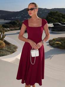 Vestido largo invierno estilo francés liso ajustado con tirantes cremallera y lazos traseros elegante moda para mujer - Burdeos - Ver 5