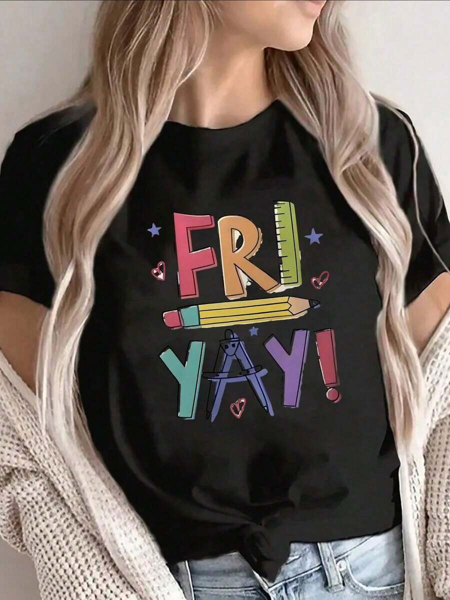 Simple And Versatile Design Short-Sleeved T-Shirt With A FRI YAY Graphic Design, A Fun Friday Theme For Casual Wear At Home, The Office, Or A Restaurant. Lightweight And Durable For Everyday Comfort. Cotton T-Shirt - 黑色 - 查看 1