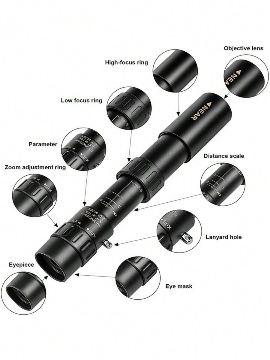 10-300x High Magnification Monocular Telescope, Extendable Rotatable Zoom Design, Suitable For Stargazing, Birdwatching, Concerts, Can Be Used With Tripod And Phone Holder, Compact Portable Metal Optical Telescope - Black - View 1