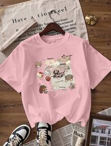 Cute Character Collage T-Shirt With Scrapbook Elements,  Short-Sleeve T-Shirt For Spring/Summer 2026, Made In Mexico, 180 Grams. Cartoon Print, Couple Design, Suitable For Indoor Or Outdoor Wear. Crew Neck, Unisex, Ideal For Office And Leisure. One-Pack. - PK-P631577SLNDXZGY506 - 查看 4