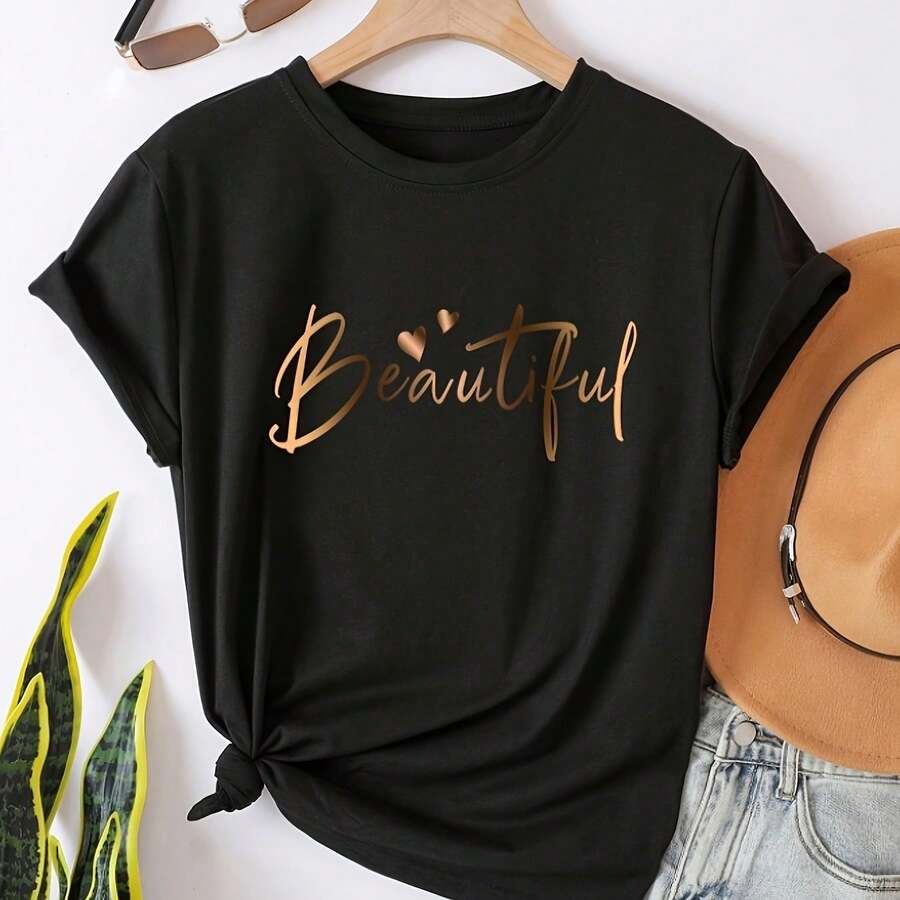 Women's Casual Short-Sleeved T-Shirt With A Heart-Shaped Letter Design, Featuring An Easy-To-Wear Round Neck And A Relaxed Fit, Ideal For Spring And Summer. - 黑色 - 查看 1