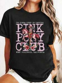 Women's Casual Printed Cotton T-Shirt, Short Sleeve Summer Graphic Design, Western Cowboy Style, Pink Disco Party Pony Club Keep On Dancing, Women's Short Sleeve T-Shirt / Short Sleeve Tee - 黑色 - 查看 7