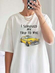 Premium I Survived My Trip To NYC Baby T-Shirt Tee Top Funny Gift Graphic Shirt Tee Women's Fashionable Casual T-Shirt With Creative Print, Short Sleeve, Round Neck, For Spring And Summer T-Shirt Women Festive Celebration Shirt Party Wear Top - 白色 - 查看 1
