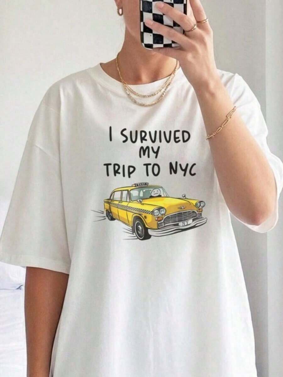 Premium I Survived My Trip To NYC Baby T-Shirt Tee Top Funny Gift Graphic Shirt Tee Women's Fashionable Casual T-Shirt With Creative Print, Short Sleeve, Round Neck, For Spring And Summer T-Shirt Women Festive Celebration Shirt Party Wear Top - 白色 - 查看 1