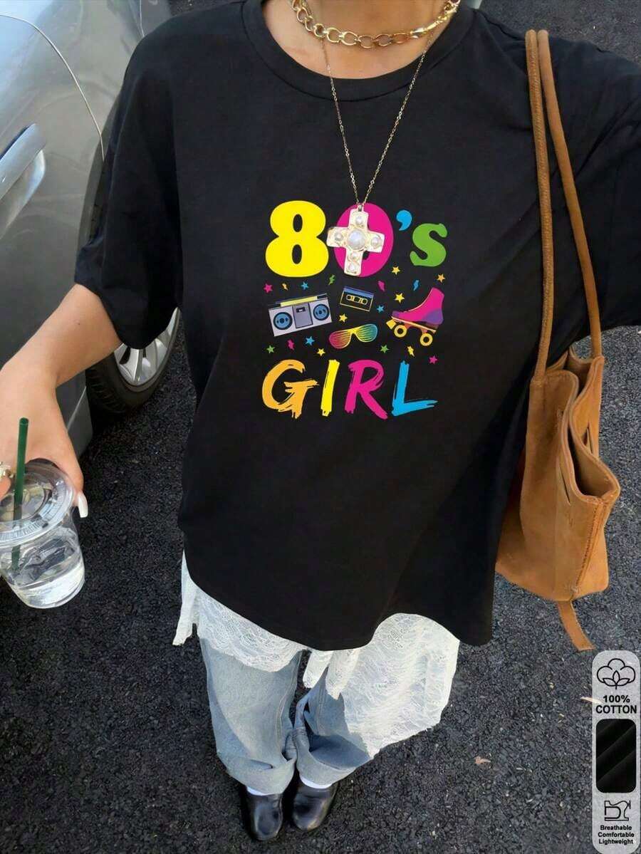 Y2K Summer Tops, Spring/Summer Tops Extra Large, 100% Cotton, Women's Short Sleeve T-Shirt, Funny Colorful 80's Tape Recorder Print, Solid Color Crew Neck, Soft And Comfortable, Casual, Streetwear, Y2K, Beach, Graduation, Vacation, Top, Summer, Spring, T-Shirt, Gym, Sports, Party Top, Blouse, Roman, Vintage, Carnival, Valentine, May, Women's Tops, Women's Tops, Spring Set, Sweater, Women's Winter Clothing, Women's Summer, Funny T-Shirts, Vacation, Beach, Casual, Cute Tops, Black Top, White Top, Summer Tops, Women's Spring Tops, Women's Easter Clothing, Carnival, All Seasons, Office/Living/Home/Minimalist, Western Women, Sets, American Retro Style, Unisex, Outerwear, Autumn Short - Black - View 1