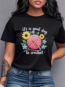 Camiseta de mujer de algodón puro, estilo casual holgado, con estampado floral, de manga corta y cuello redondo, ropa de mujer moderna y versátil, única y a la moda, adecuada para uso diario, fiestas, viajes, ocio en casa, regalo de cumpleaños. - Negro - Ver 1