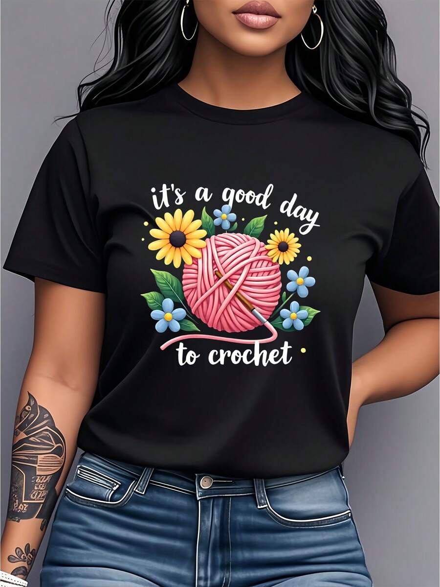Camiseta de mujer de algodón puro, estilo casual holgado, con estampado floral, de manga corta y cuello redondo, ropa de mujer moderna y versátil, única y a la moda, adecuada para uso diario, fiestas, viajes, ocio en casa, regalo de cumpleaños. - Negro - Ver 1