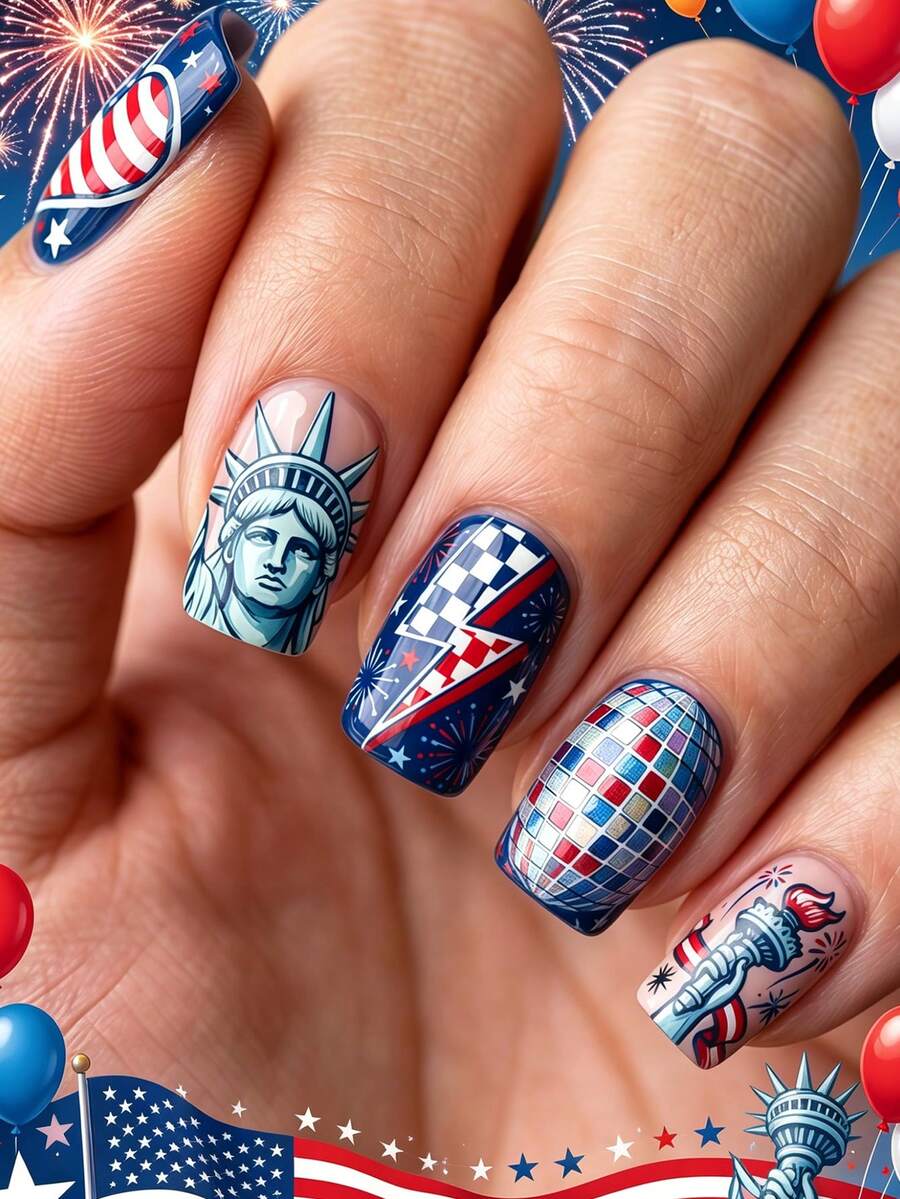 24pcs Rectangular Nail Stickers, Elegant National Flag Color Scheme, Heart, Blue Goddess Statue, Colorful Light Ball, Fashion Torch & Ribbon Pattern, Independence Day Style, Full Coverage Fake Nails For Women And Girls, Includes 1pc Jelly Glue And 1pc Mini Nail File, Jelly Glue Shipped Randomly - View 1