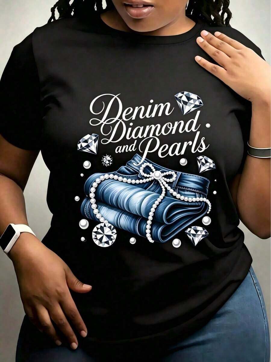 Camiseta de mezclilla para mujer con estampado de diamantes y perlas, elegante y casual para oficina, suave y agradable al tacto, camiseta de moda, cuello redondo, manga regular, cómoda para todas las estaciones, camiseta casual de algodón puro con estampado de letras a la moda, diseño unisex para parejas, adecuada para celebraciones de festivales, camiseta casual de primavera/verano, camisa estilo country, atuendo de fiesta, impresión digital de calidad, tela duradera, camiseta de manga corta, ropa de fiesta, ropa de mujer a la moda. - Negro - Ver 1